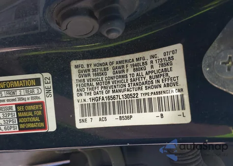 2007 Honda Civic Lx from USA, damaged, VIN 1HGFA16567L130522